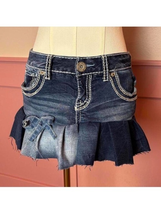 Dresses & Skirts - y2k mcbling micro denim low rise mini skirt reworked amethyst bow